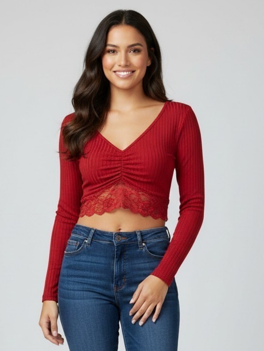 SHEIN Red Ribbed V-Neck Lace-Hem Long Sleeve Crop Top